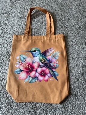 Hummingbird Floral Canvas Tote Bag - Tan